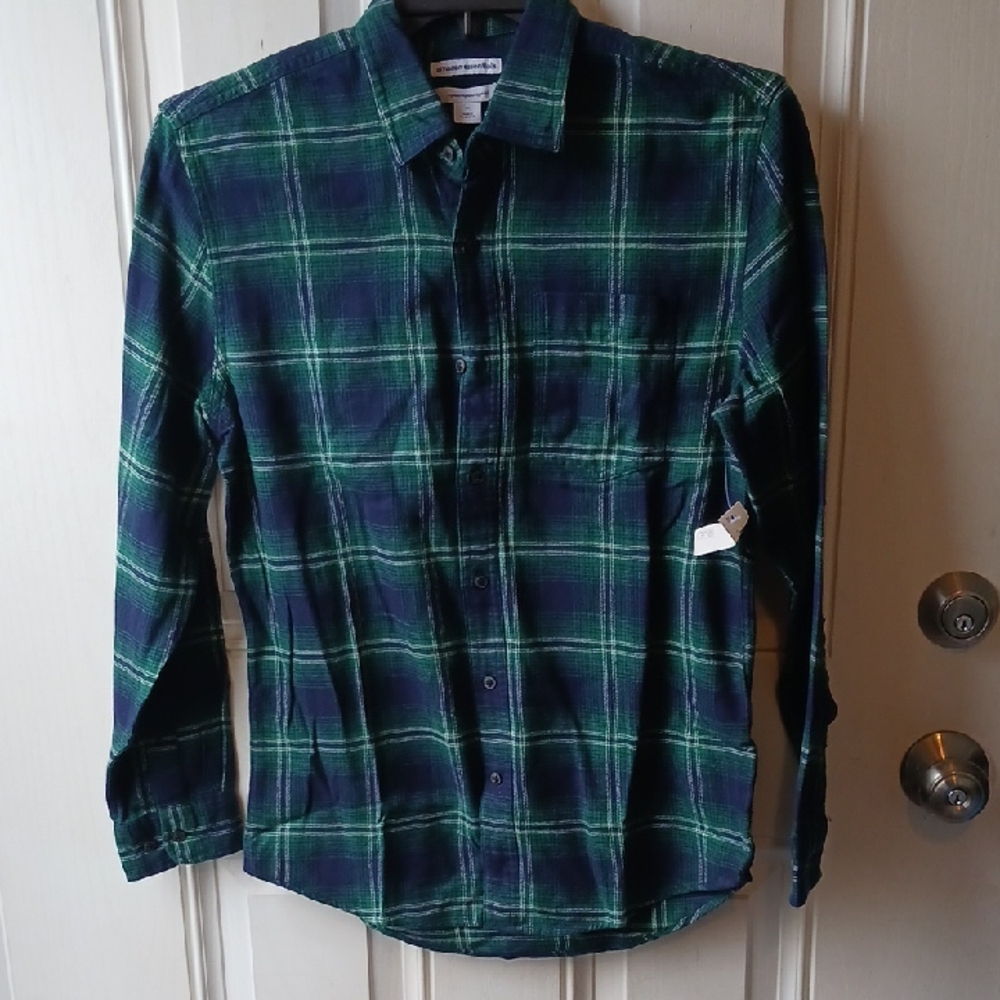 *Amazon Essentials Navy & Green Plaid Flannel Shirt Size XS - NWT